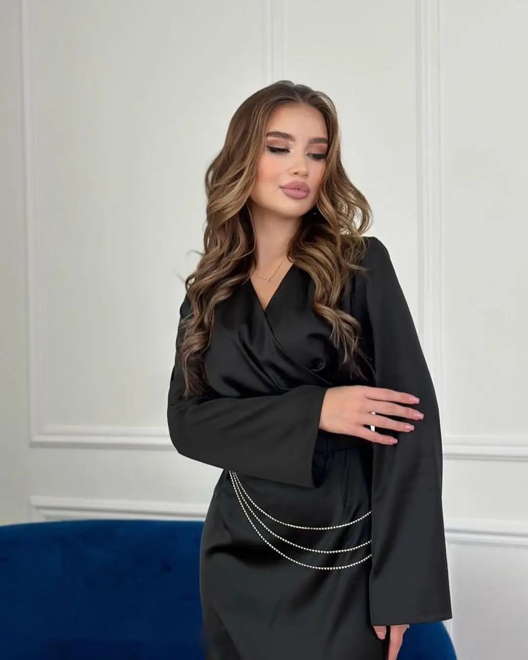GETADME DSMTRC Women Party Dress Fashion High Waist Chains Design Long Dress V-neck Elegant Satin Autumn Long Sleeve Straight Maxi Dress