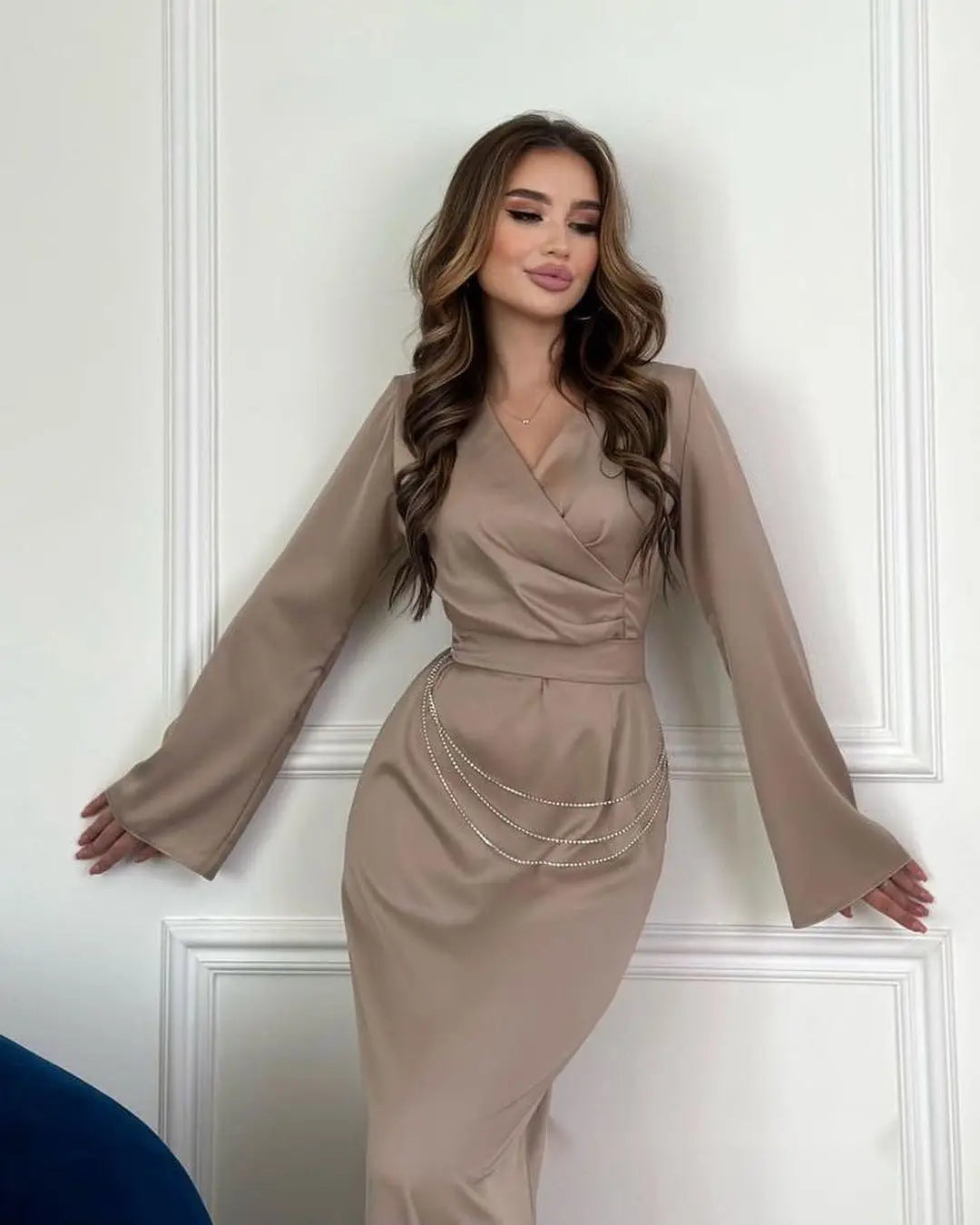 GETADME DSMTRC Women Party Dress Fashion High Waist Chains Design Long Dress V-neck Elegant Satin Autumn Long Sleeve Straight Maxi Dress
