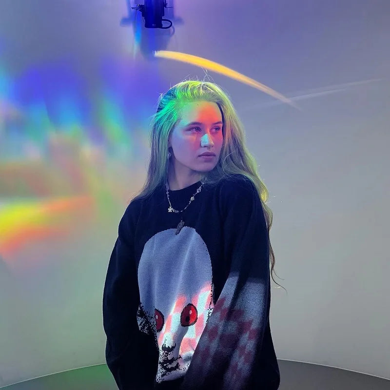 GETADME Deeptown Y2k Gothic Knitted Sweater Women Harajuku Printed Oversized Pullover American Fashion Autumn New Streetwear Hip Hop