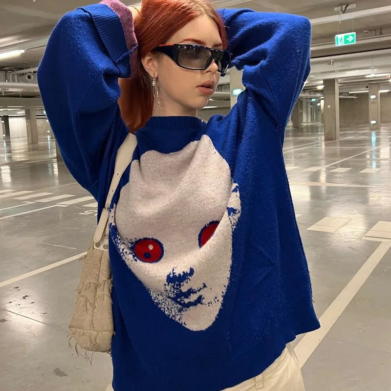 GETADME Deeptown Y2k Gothic Knitted Sweater Women Harajuku Printed Oversized Pullover American Fashion Autumn New Streetwear Hip Hop