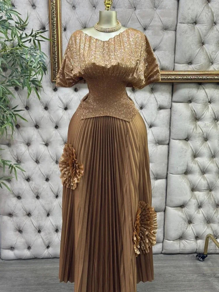 GETADME EGRM Pleated 2 Pieces Set Women Fashion V Neck Short Batwing Half Sleeved Irregular Hem Top + 3D Flowers A-line Folds Skirt 6R81