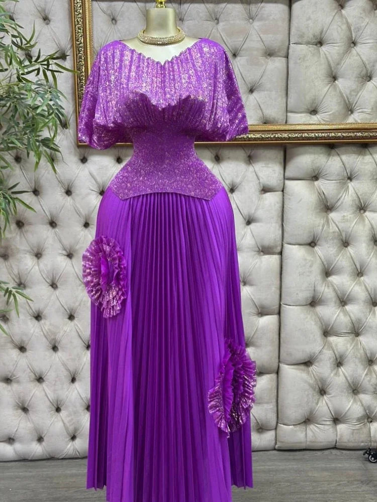 GETADME EGRM Pleated 2 Pieces Set Women Fashion V Neck Short Batwing Half Sleeved Irregular Hem Top + 3D Flowers A-line Folds Skirt 6R81