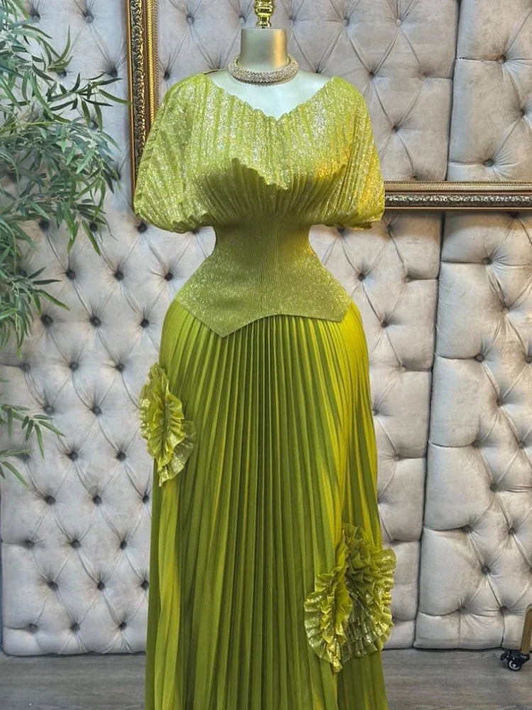 GETADME EGRM Pleated 2 Pieces Set Women Fashion V Neck Short Batwing Half Sleeved Irregular Hem Top + 3D Flowers A-line Folds Skirt 6R81