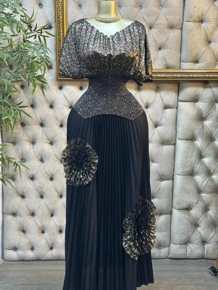 GETADME EGRM Pleated 2 Pieces Set Women Fashion V Neck Short Batwing Half Sleeved Irregular Hem Top + 3D Flowers A-line Folds Skirt 6R81