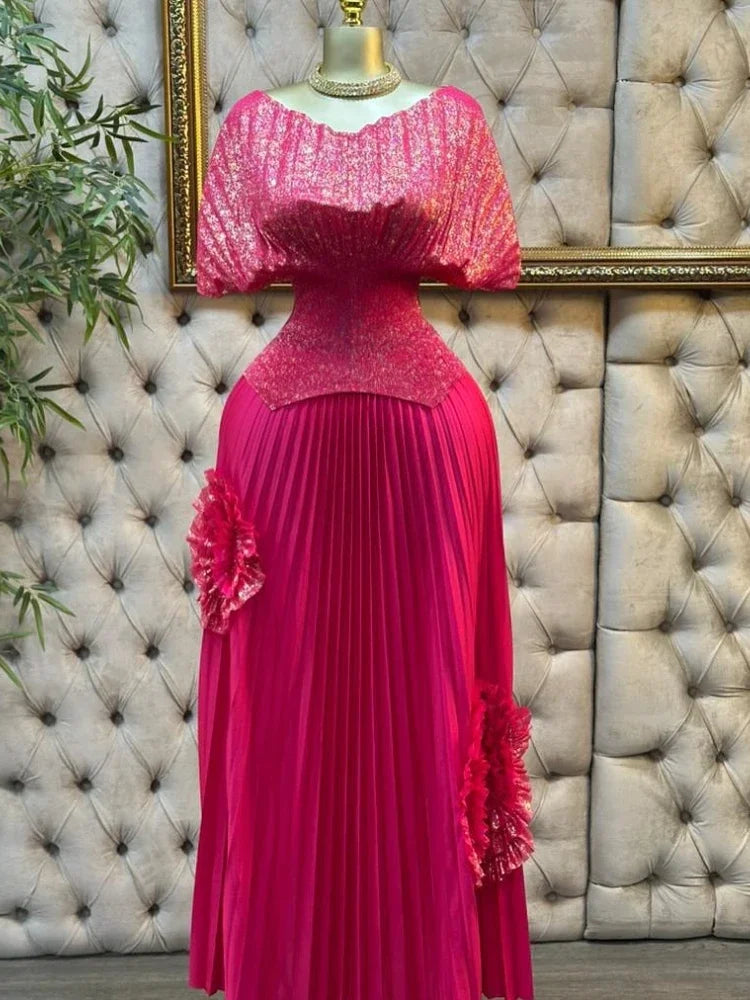 GETADME EGRM Pleated 2 Pieces Set Women Fashion V Neck Short Batwing Half Sleeved Irregular Hem Top + 3D Flowers A-line Folds Skirt 6R81