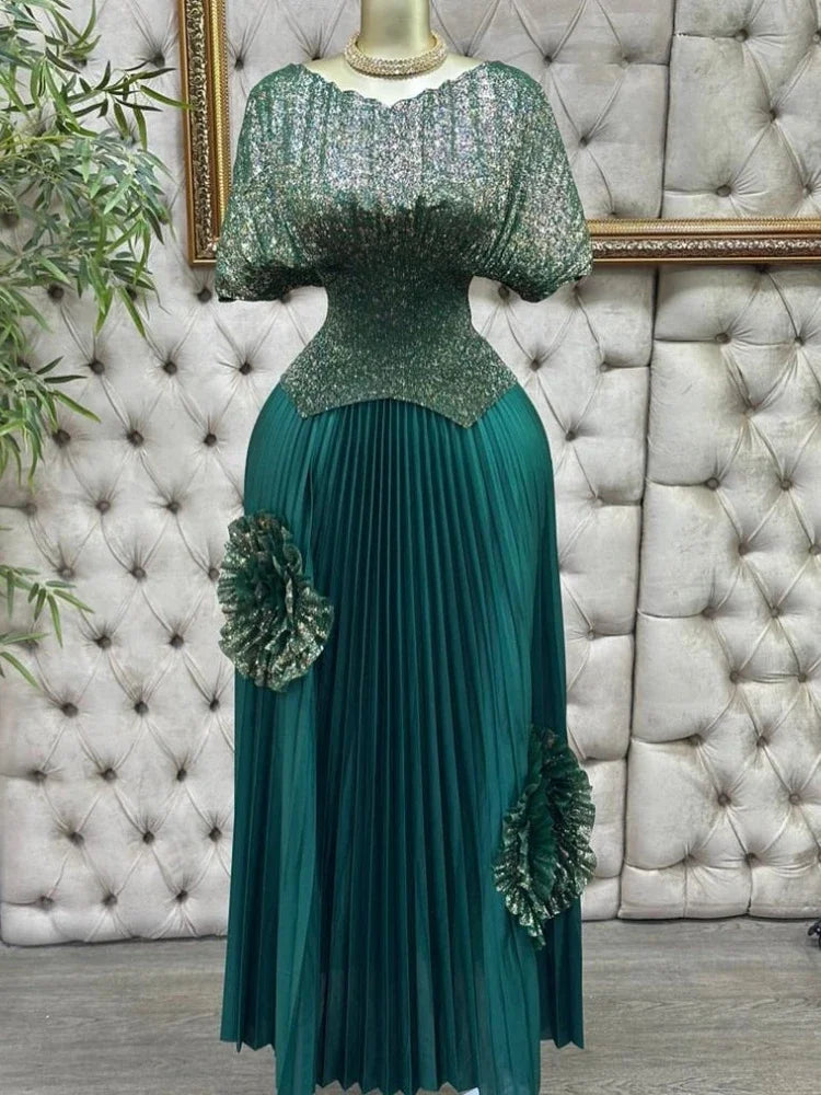 GETADME EGRM Pleated 2 Pieces Set Women Fashion V Neck Short Batwing Half Sleeved Irregular Hem Top + 3D Flowers A-line Folds Skirt 6R81