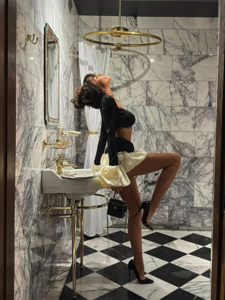 Getadme Elegant Lady Contrasting Puff Pleated Hem Mini Skirt Suits Sexy Long Sleeves Slim Cropped Top Pleated Skirts Chic Lady Outfits