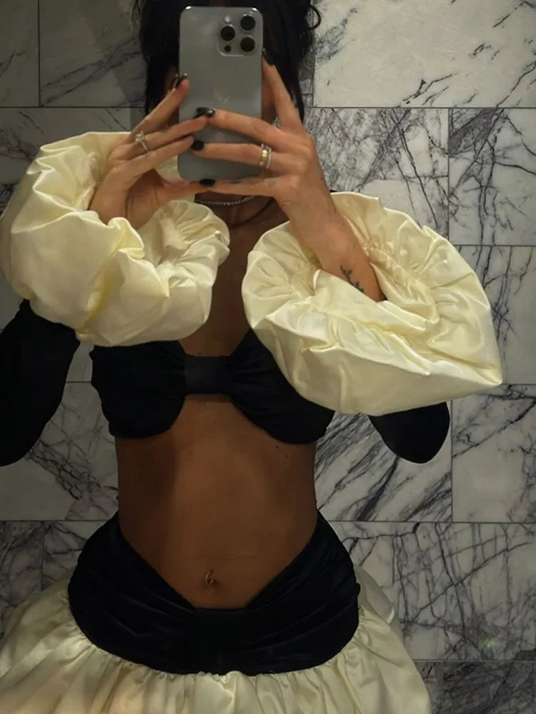 Getadme Elegant Lady Contrasting Puff Pleated Hem Mini Skirt Suits Sexy Long Sleeves Slim Cropped Top Pleated Skirts Chic Lady Outfits