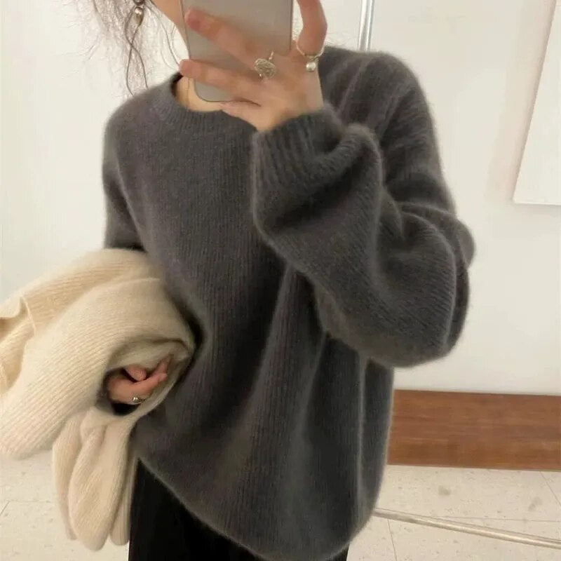 Getadme European goods autumn winter new round neck cashmere sweater female thick languid lazy wind dark gray sweater loose knit sweater