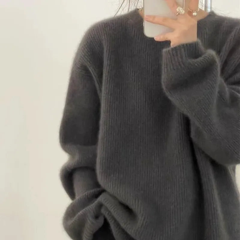 Getadme European goods autumn winter new round neck cashmere sweater female thick languid lazy wind dark gray sweater loose knit sweater