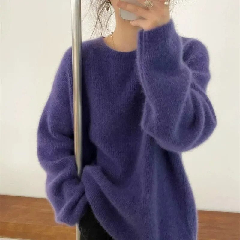 Getadme European goods autumn winter new round neck cashmere sweater female thick languid lazy wind dark gray sweater loose knit sweater