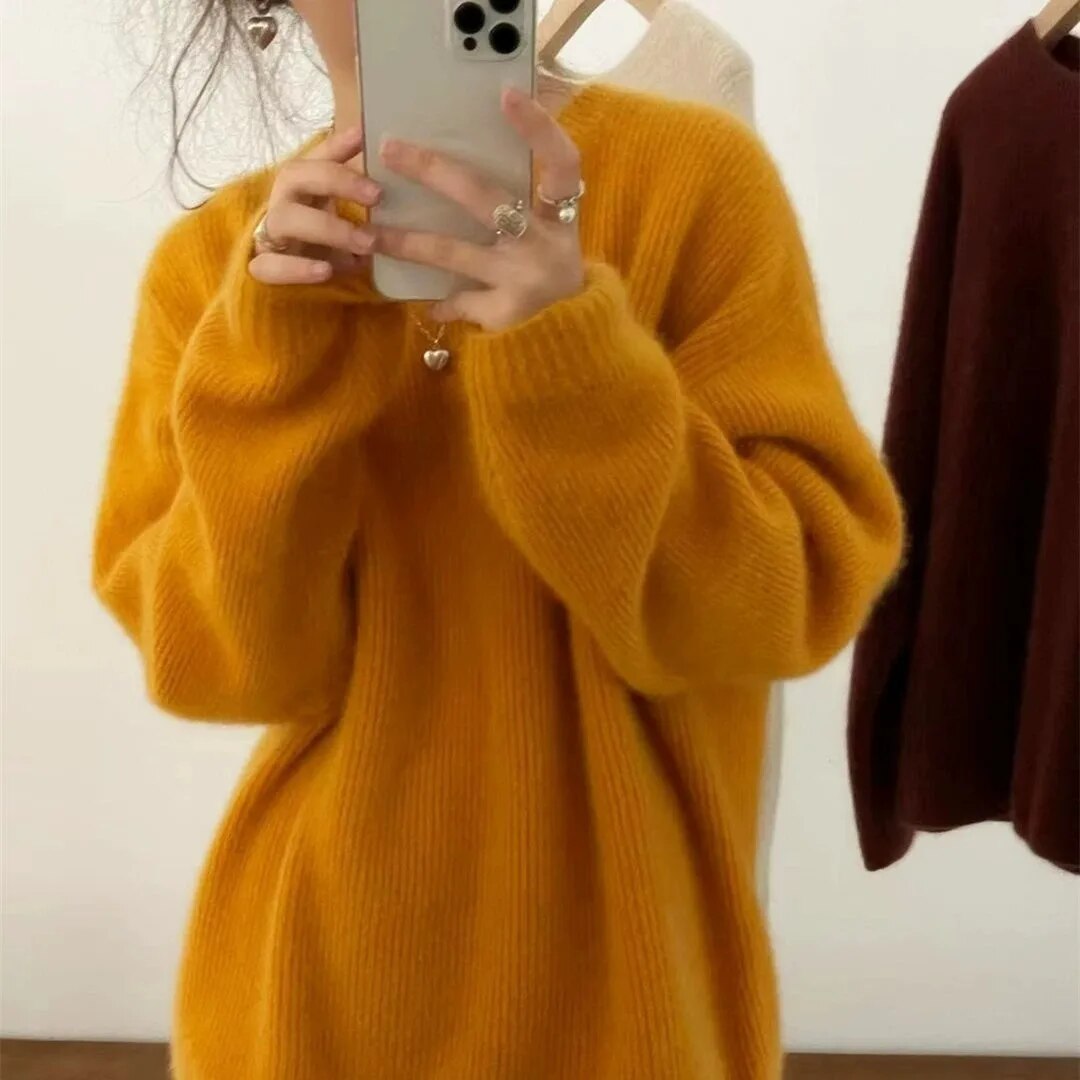 Getadme European goods autumn winter new round neck cashmere sweater female thick languid lazy wind dark gray sweater loose knit sweater
