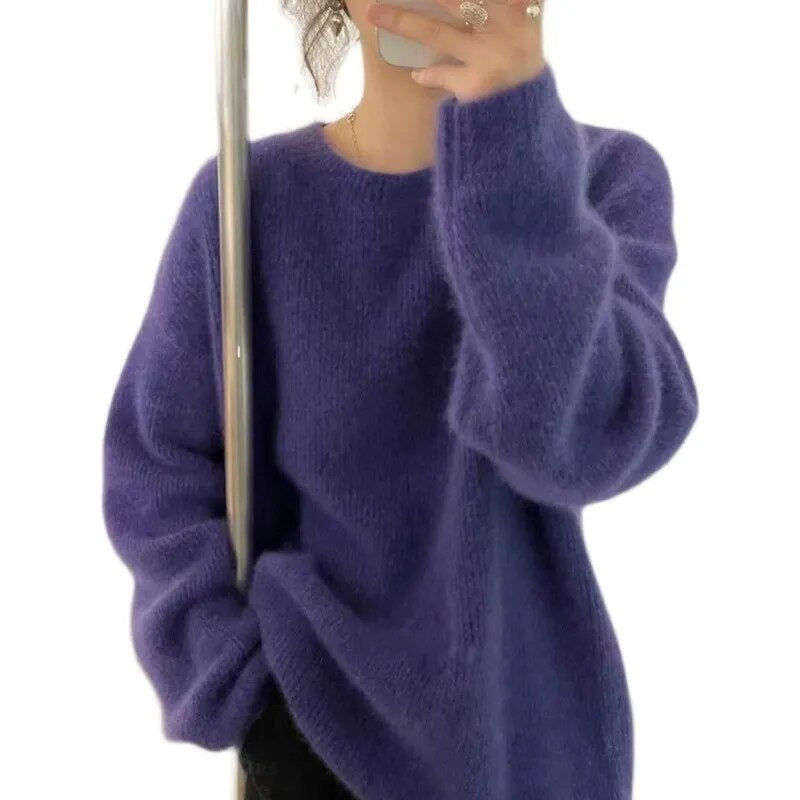 Getadme European goods autumn winter new round neck cashmere sweater female thick languid lazy wind dark gray sweater loose knit sweater