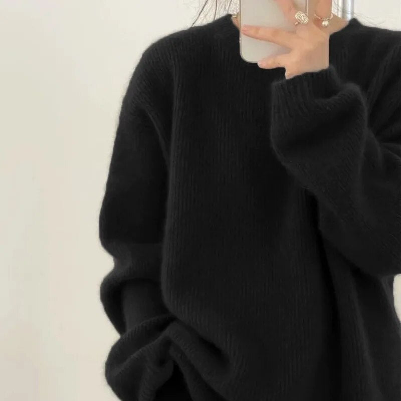 Getadme European goods autumn winter new round neck cashmere sweater female thick languid lazy wind dark gray sweater loose knit sweater