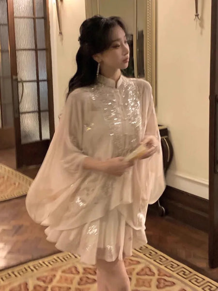 Getadme Preppy Style Vintage Fashion Suit Woman White Shirt + Short Coat + High Waist Slim Y2k Mini Dress Japanese Elegant Set Chic main image 1