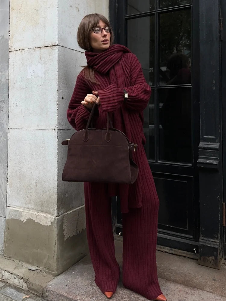 GETADME Fashion Burgundy Red Scarf Collar Sweater Loose Pants Set Women Elegant Casual Jumper Wide Leg Trouser Suit Chic Female Knitwear