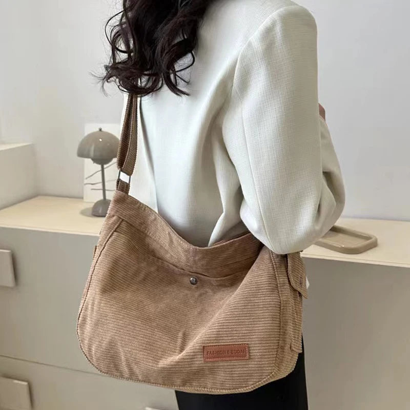 GETADME Fashion New Corduroy Tote Bag Women's Large Capacity Student Classroom Bag White Simple and Versatile One Shoulder Crossbody Bag