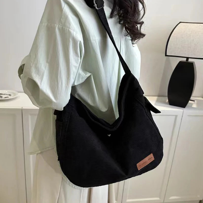 GETADME Fashion New Corduroy Tote Bag Women's Large Capacity Student Classroom Bag White Simple and Versatile One Shoulder Crossbody Bag