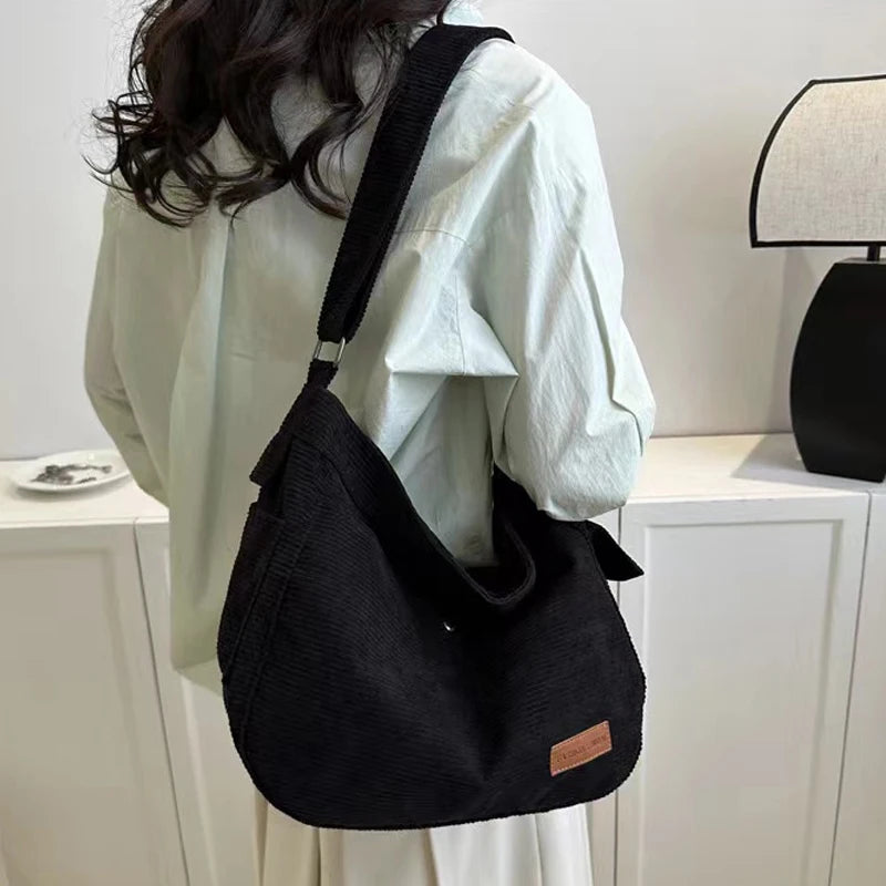 GETADME Fashion New Corduroy Tote Bag Women's Large Capacity Student Classroom Bag White Simple and Versatile One Shoulder Crossbody Bag