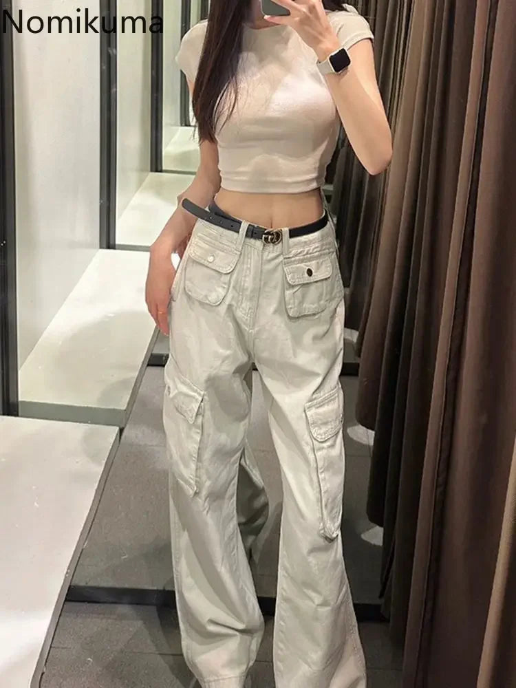 GETADME Fashion Pantalon Femme 2024 New Bottoms Streetwear Y2k Cargo Pants High Waist Straight Pockets Casual Trousers Women Clothing