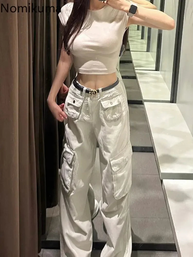 GETADME Fashion Pantalon Femme 2024 New Bottoms Streetwear Y2k Cargo Pants High Waist Straight Pockets Casual Trousers Women Clothing