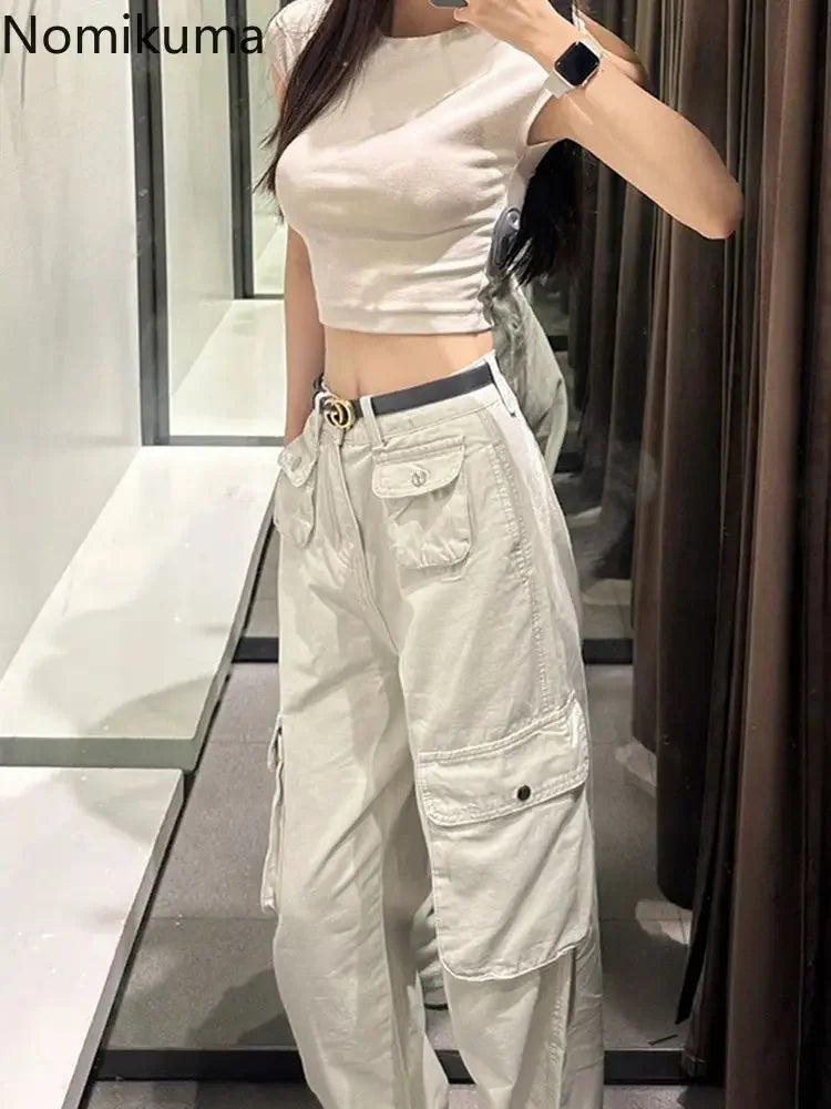GETADME Fashion Pantalon Femme 2024 New Bottoms Streetwear Y2k Cargo Pants High Waist Straight Pockets Casual Trousers Women Clothing