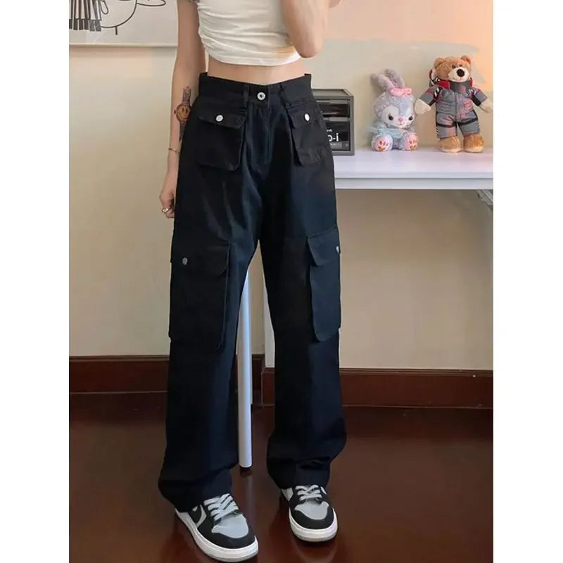 GETADME Fashion Pantalon Femme 2024 New Bottoms Streetwear Y2k Cargo Pants High Waist Straight Pockets Casual Trousers Women Clothing