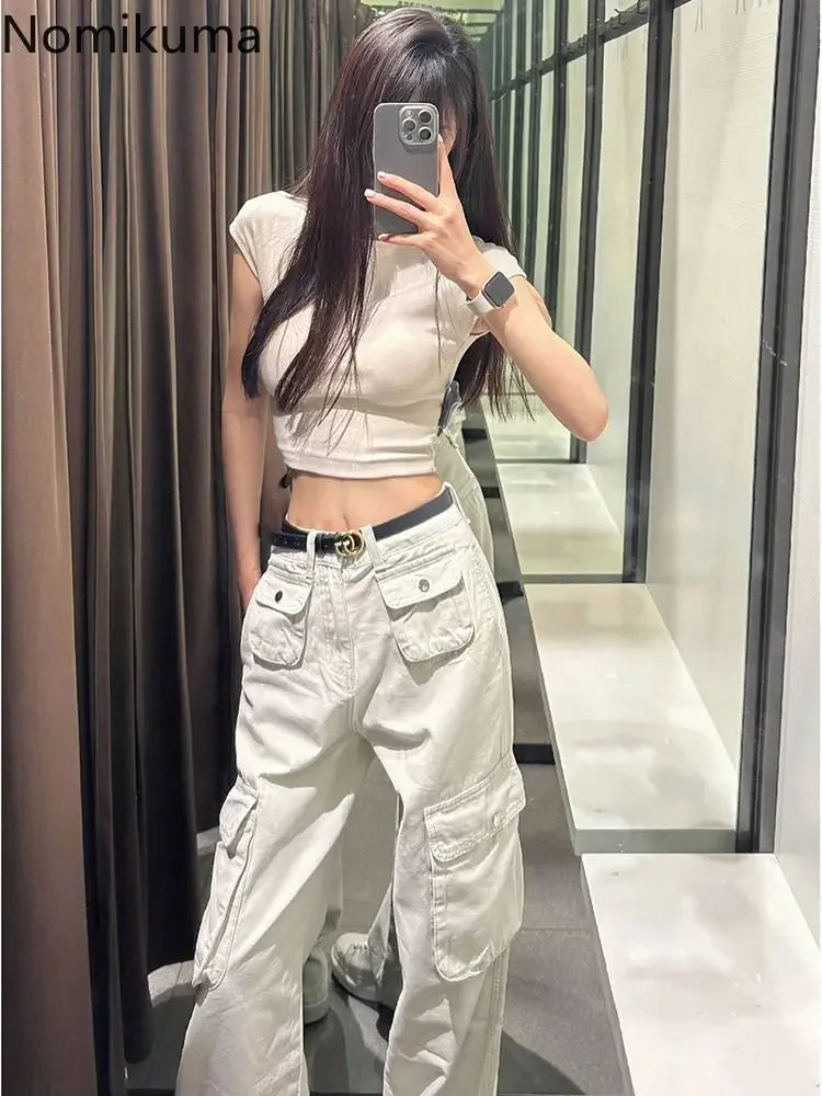 GETADME Fashion Pantalon Femme 2024 New Bottoms Streetwear Y2k Cargo Pants High Waist Straight Pockets Casual Trousers Women Clothing