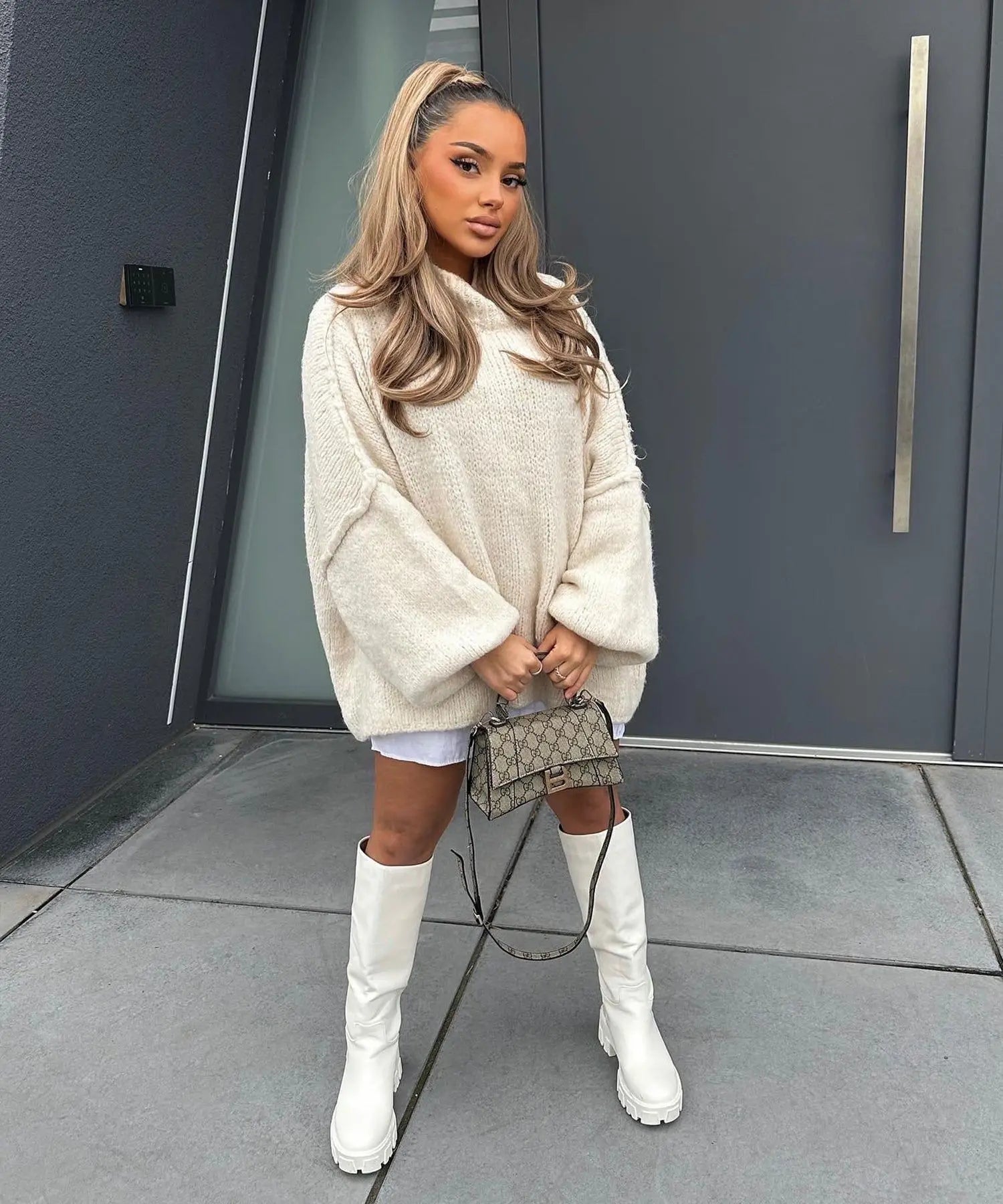 GETADME Fashion Round Neck Knitted Jumper For Women 2024 Autumn Long Lantern Sleeve Sweater Female Hight Street Warm Lady Chic Pullover