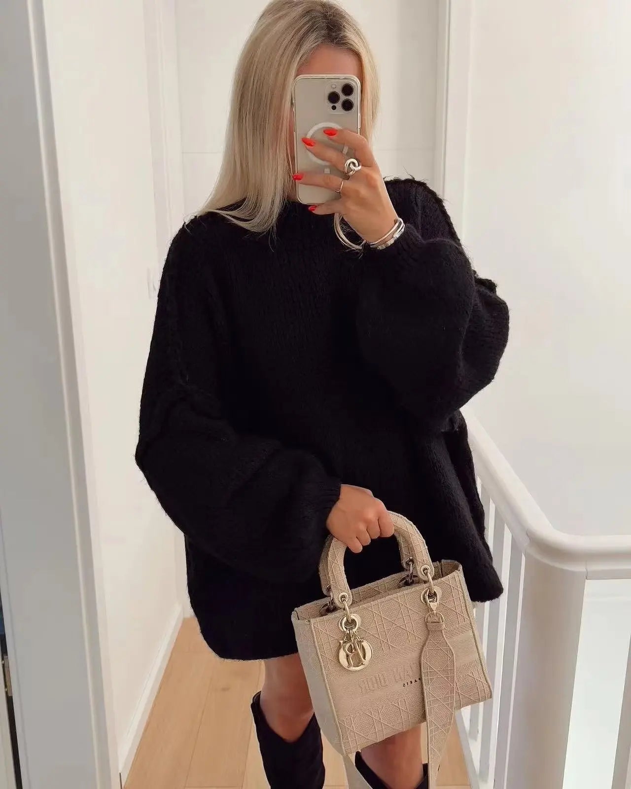 GETADME Fashion Round Neck Knitted Jumper For Women 2024 Autumn Long Lantern Sleeve Sweater Female Hight Street Warm Lady Chic Pullover