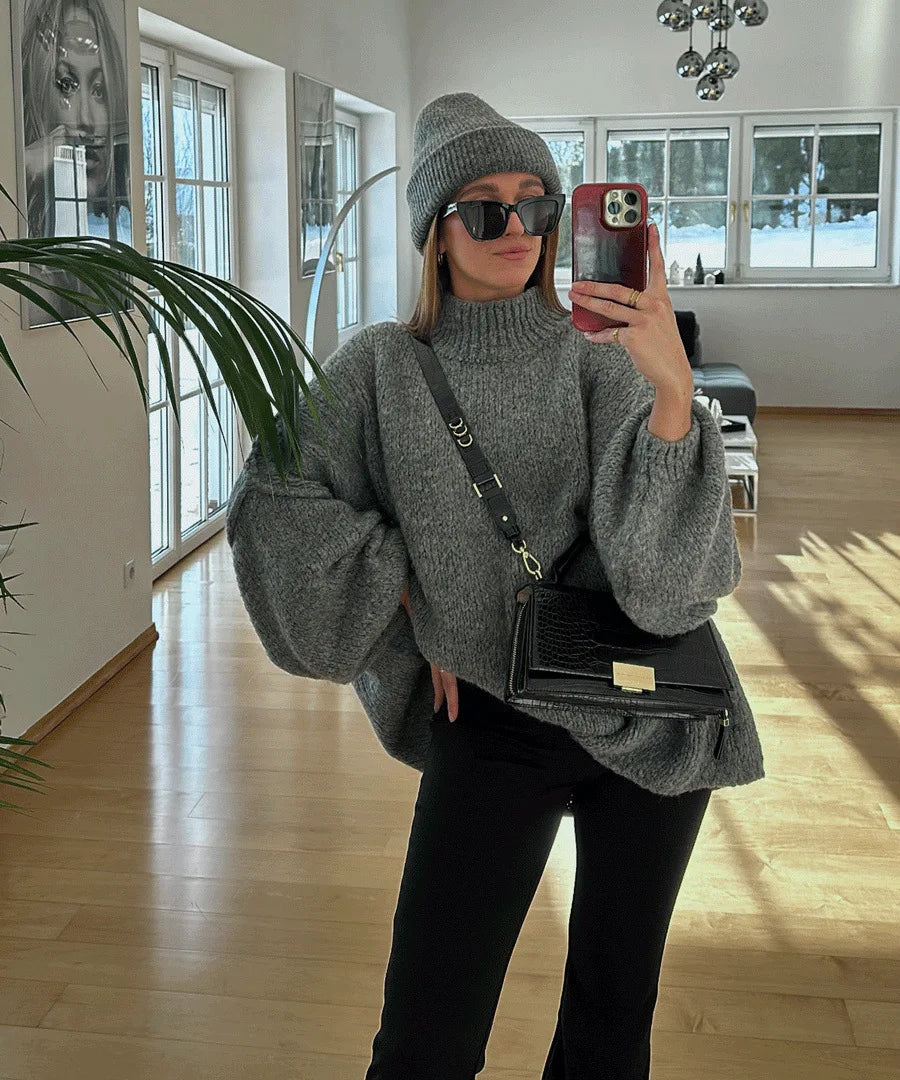 GETADME Fashion Round Neck Knitted Jumper For Women 2024 Autumn Long Lantern Sleeve Sweater Female Hight Street Warm Lady Chic Pullover