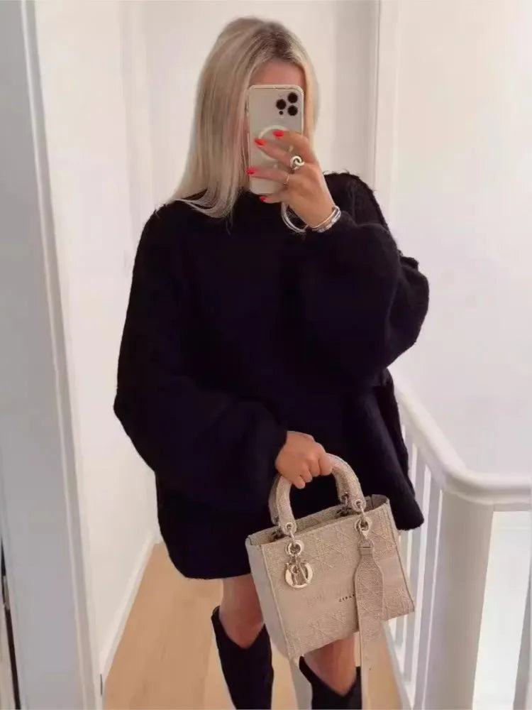 GETADME Fashion Round Neck Knitted Jumper For Women 2024 Autumn Long Lantern Sleeve Sweater Female Hight Street Warm Lady Chic Pullover