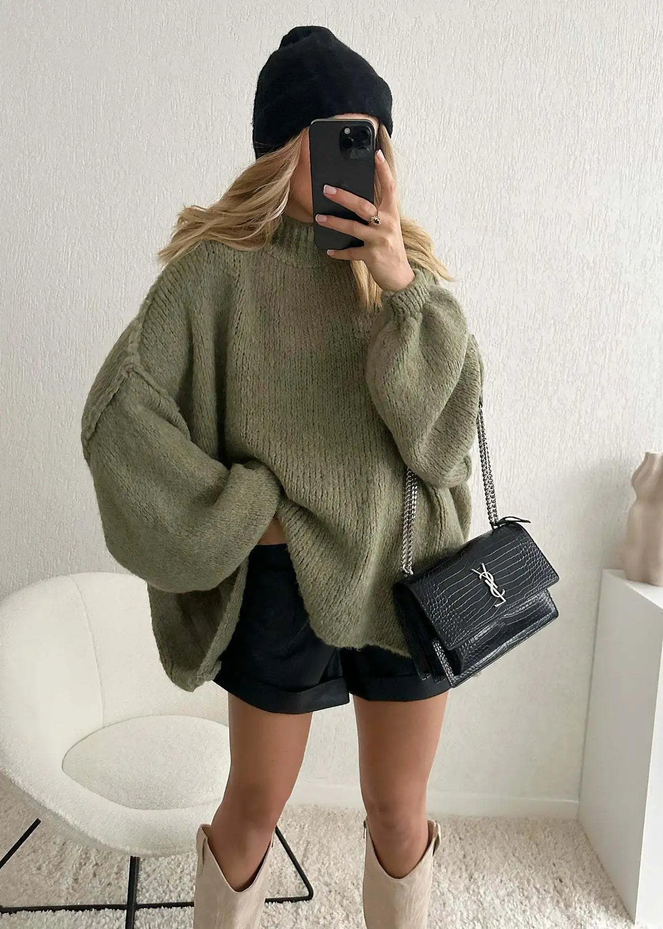 GETADME Fashion Round Neck Knitted Jumper For Women 2024 Autumn Long Lantern Sleeve Sweater Female Hight Street Warm Lady Chic Pullover