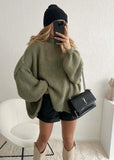 GETADME Fashion Round Neck Knitted Jumper For Women 2024 Autumn Long Lantern Sleeve Sweater Female Hight Street Warm Lady Chic Pullover