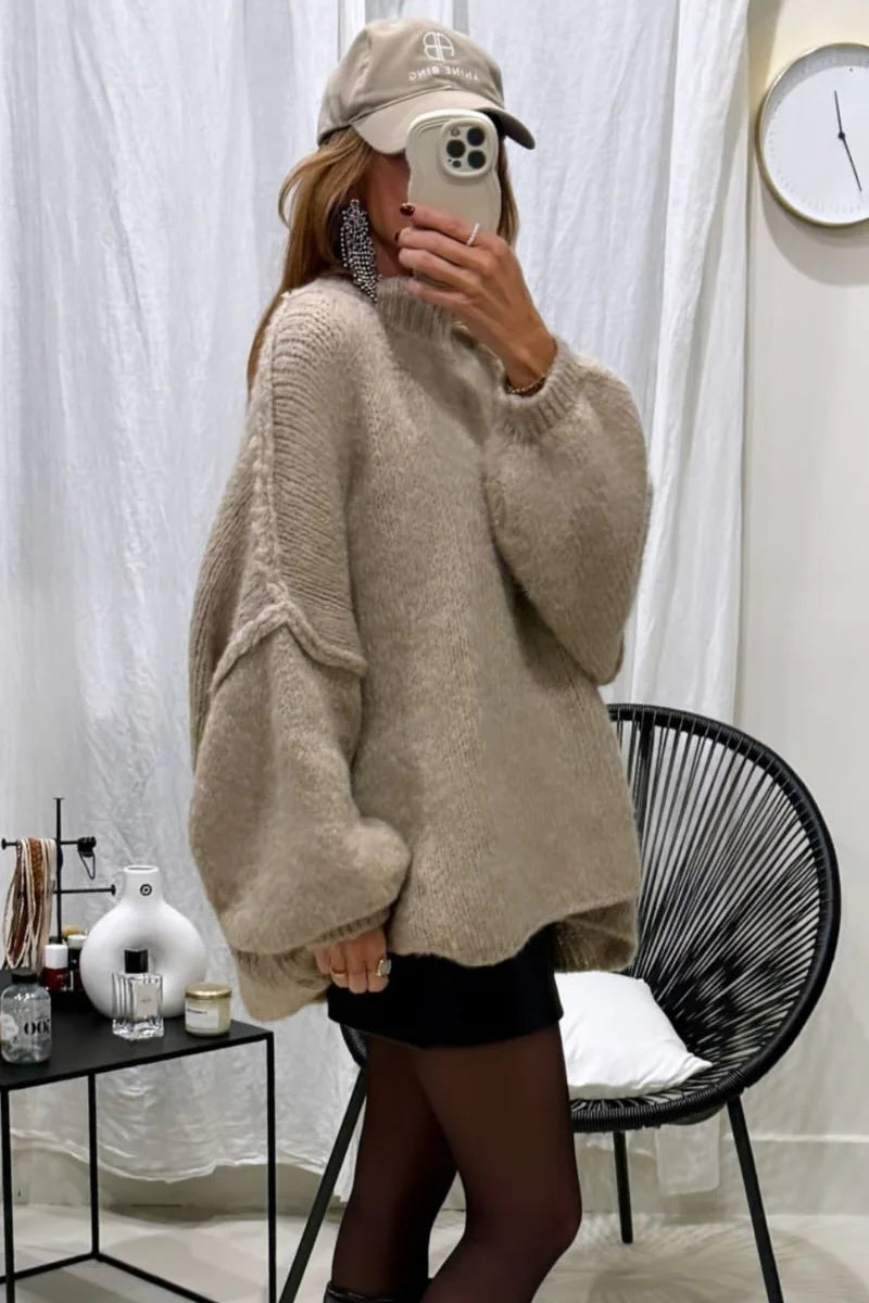 GETADME Fashion Round Neck Knitted Jumper For Women 2024 Autumn Long Lantern Sleeve Sweater Female Hight Street Warm Lady Chic Pullover