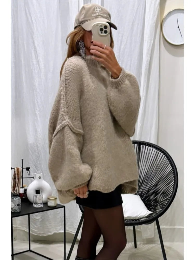 GETADME Fashion Round Neck Knitted Jumper For Women 2024 Autumn Long Lantern Sleeve Sweater Female Hight Street Warm Lady Chic Pullover
