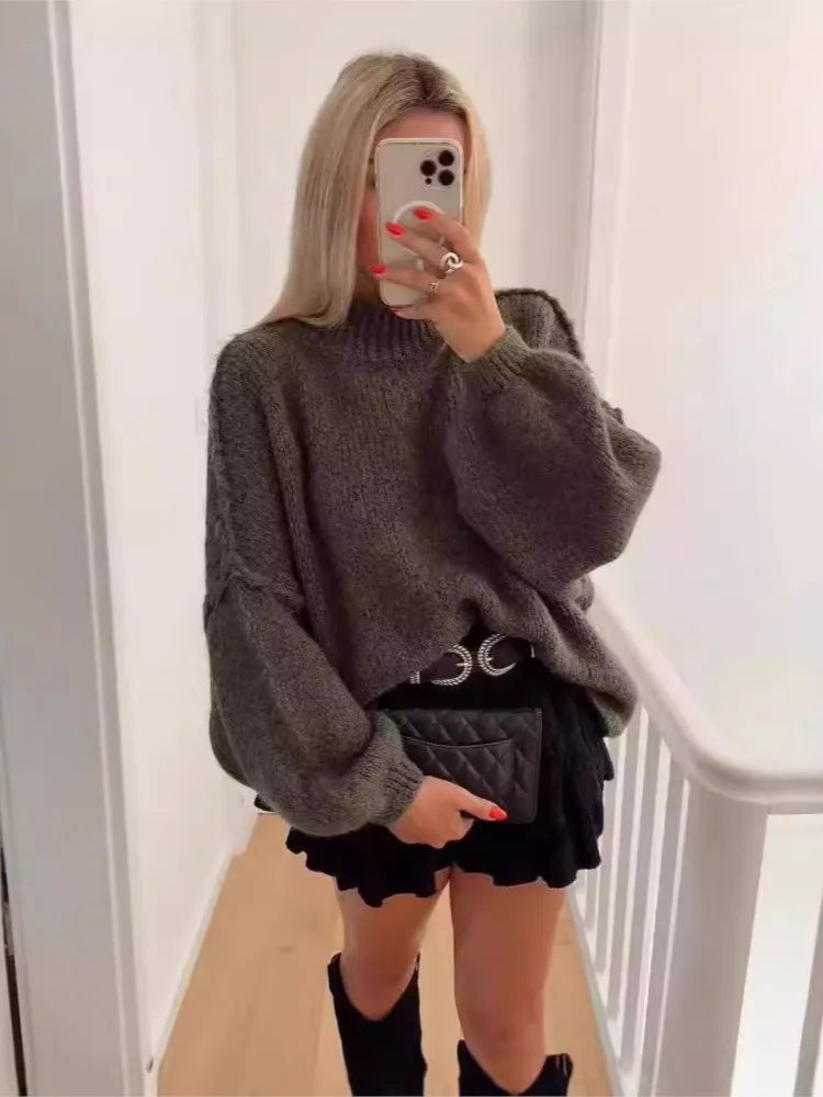 GETADME Fashion Round Neck Knitted Jumper For Women 2024 Autumn Long Lantern Sleeve Sweater Female Hight Street Warm Lady Chic Pullover