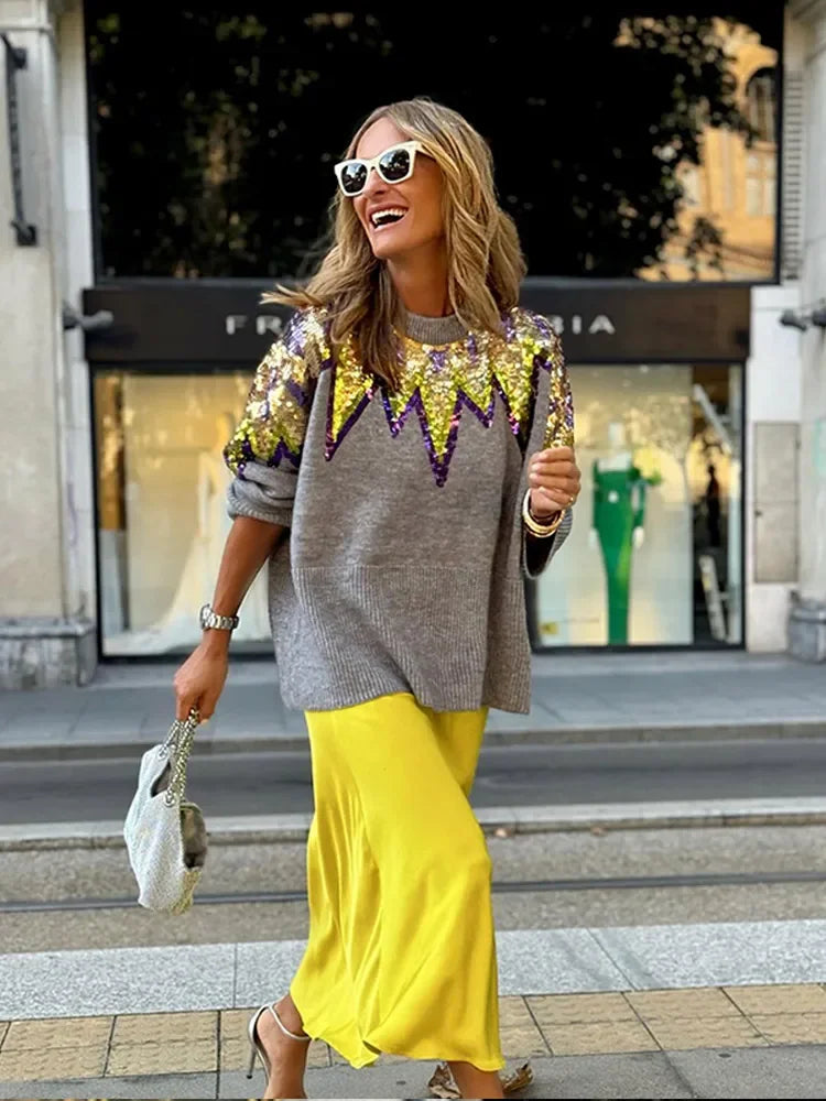 GETADME Fashion Round Neck Long Sleeved Women's Pullover Sequined Knitted Loose Contrasting Sweater 2024 Female New Fall Streetwear