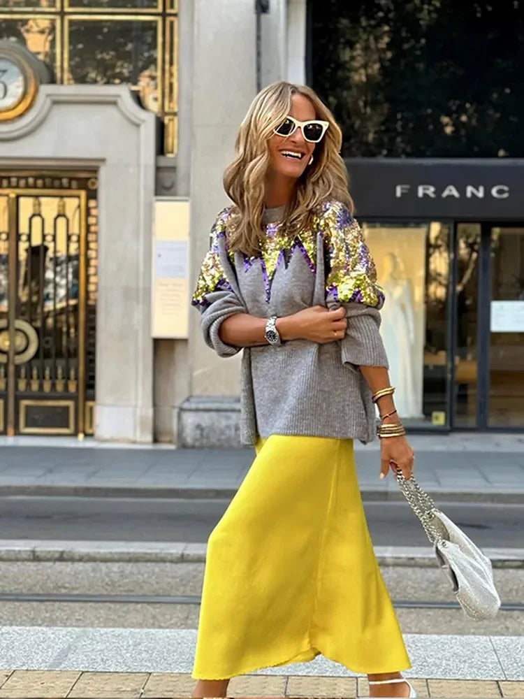 GETADME Fashion Round Neck Long Sleeved Women's Pullover Sequined Knitted Loose Contrasting Sweater 2024 Female New Fall Streetwear