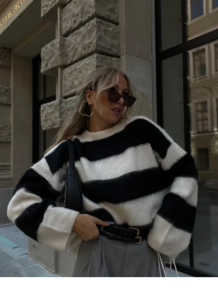 GETADME Fashion Striped Women Knitted Sweater 2024 Spring Casual Long Sleeve O-neck Mohair Pullover Chic Loose All-match Female Knitwear