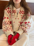 GETADME French Vintage Cardigan for Women Zipper Hooded Long Sleeve Jacquard Contrast Color Sweaters Autumn Winter All Match Clothing