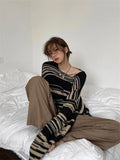 NEW Women Punk Gothic Striped Long Sleeve Loose Patchwork Sweater Hip Hop Retro Oversize Pullover Casual Knitted Jumpers