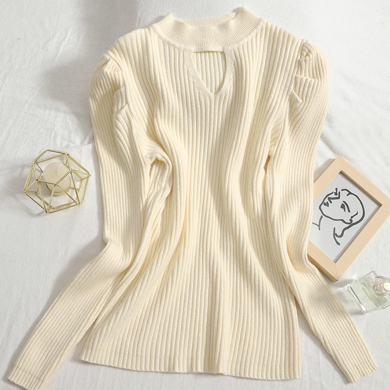 GETADME Half Turtleneck Hollow Knitted Sweater Slim Fit Elastic Puff Sleeve Bottoming Shirt 2022 Winter Solid Color Top