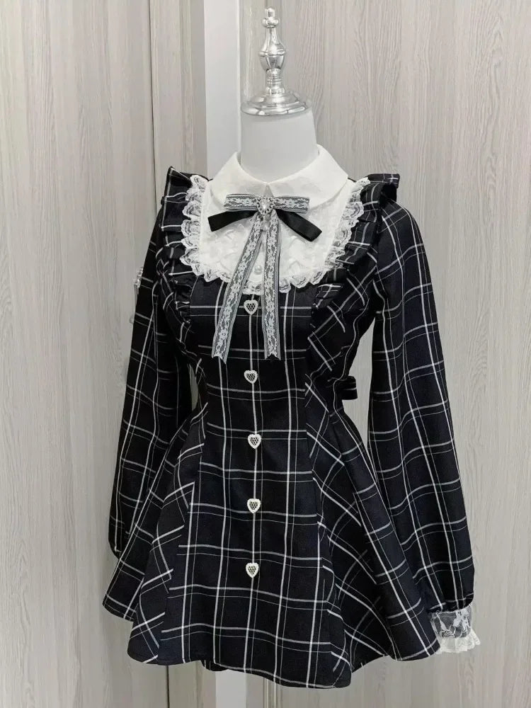 GETADME Harajuku Sweet Bow Black Plaid Dresses All-match Slim Fit Kawaii Lolita Dress for Women Autumn New Long Sleeve Vestidos De Mujer
