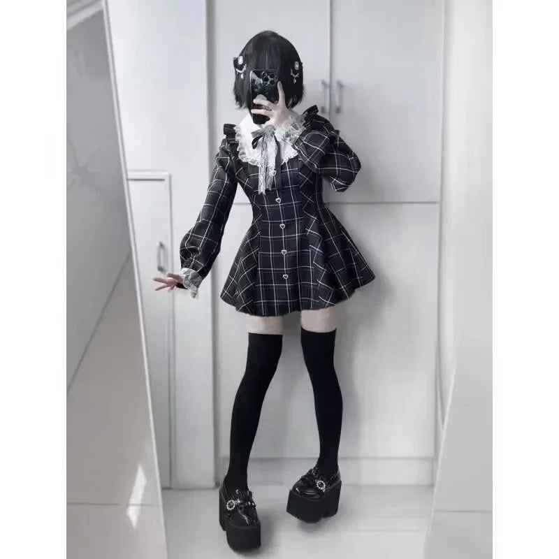 GETADME Harajuku Sweet Bow Black Plaid Dresses All-match Slim Fit Kawaii Lolita Dress for Women Autumn New Long Sleeve Vestidos De Mujer