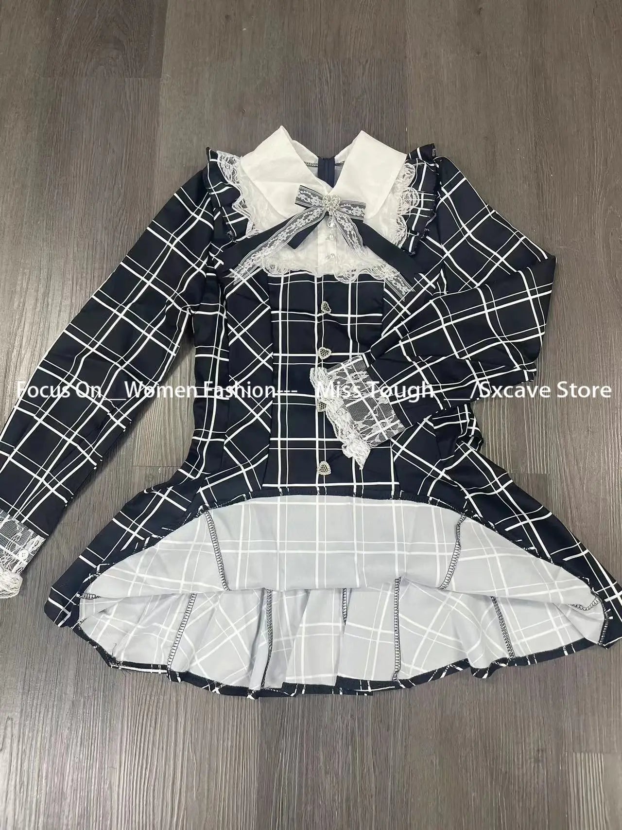 GETADME Harajuku Sweet Bow Black Plaid Dresses All-match Slim Fit Kawaii Lolita Dress for Women Autumn New Long Sleeve Vestidos De Mujer