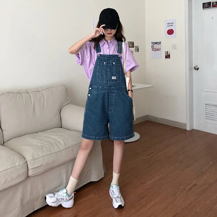 Getadme Summer korean preppy style Jumpsuit Denim Overalls Casual Girls blue Jeans Shorts womens