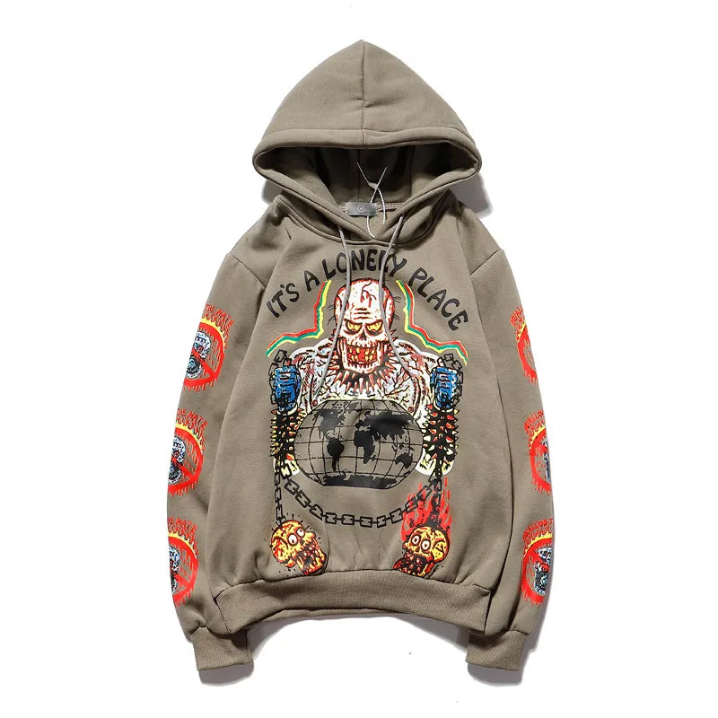 Kanye Fleece Skull Graffiti Mens Sweatshirt Oversize Harajuku Loose Casual Couple Hoodies Stranger Things Hooded Hoodie 2020