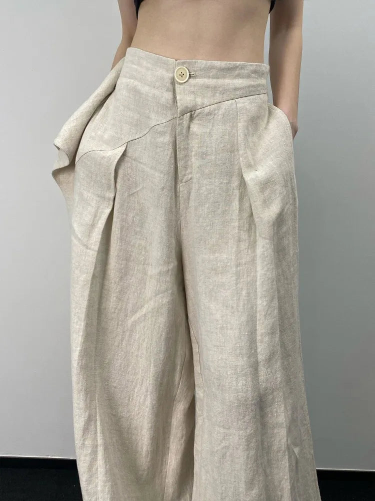 GETADME Hikigawa Chic Fashion Women Casual Pleated Wide Leg Pants Linen Texture All Match Loose High Waist Trousers Mujer Pantalones