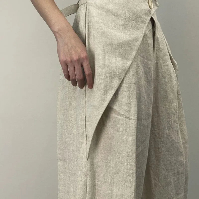 GETADME Hikigawa Chic Fashion Women Casual Pleated Wide Leg Pants Linen Texture All Match Loose High Waist Trousers Mujer Pantalones